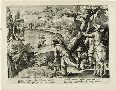 Jan Van der Straet (detto Stradano) [da], La caccia al corvo e allo storno/...