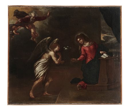 Scuola ferrarese del XVII secolo, Annunciazione. Olio su tela. cm 56,5x64. Il...