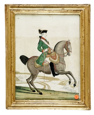 Ritratto equestre dell'imperatore Giuseppe II. 1780 ca. Bulino in coloritura...