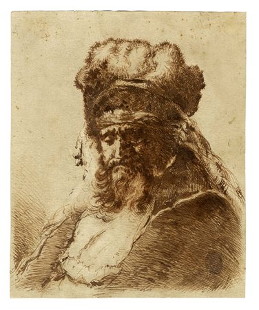 Anonimo della fine del XVIII secolo, Vecchio barbuto con alto cappello di...