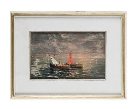 Anonimo del XX secolo, Marina. Olio su tavola. cm 23,5x35. Etichetta...