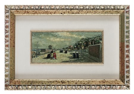 Nino Caffè, Pretini sul viale. Olio su tavola. cm 15x34. Firmato in basso al...