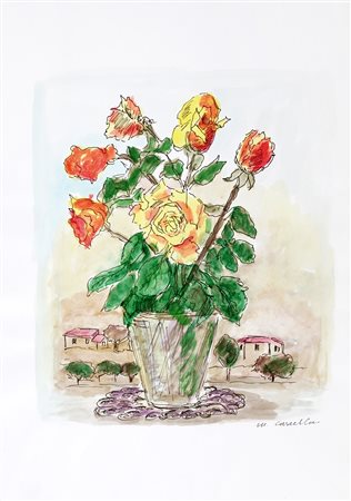 Michele Cascella, Vaso di fiori. Acquerello su carta. mm 500x345. Firmato a...