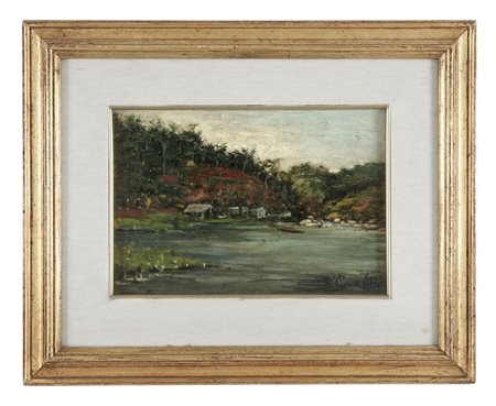 Lodovico Cavalieri, Case sul lago. 1923. Olio su tavoletta. cm 18x26. Firmato...