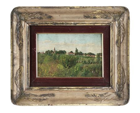 Guglielmo Ciardi, Paesaggio con case. Olio su tavoletta. cm 17,5x26,5....