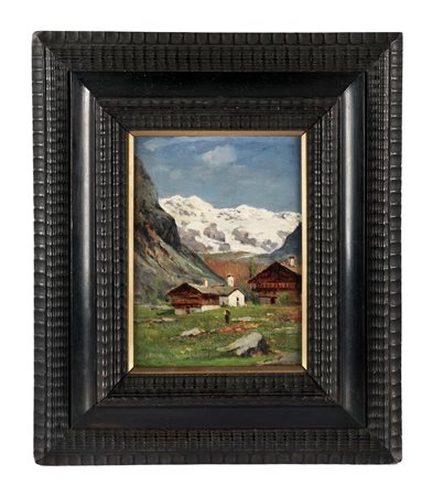 Giovanni Colmo, Scorcio con montagne. Olio su cartone. cm 25,5x19,5. Firmato...