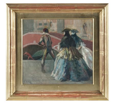 Romeo Costetti, Figure veneziane. Olio su tavola. cm 32x34,5. Firmato in...