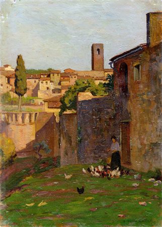 Nino Della Gatta, Paese. Olio su cartone. cm 34,8x25. Firmato in basso a...