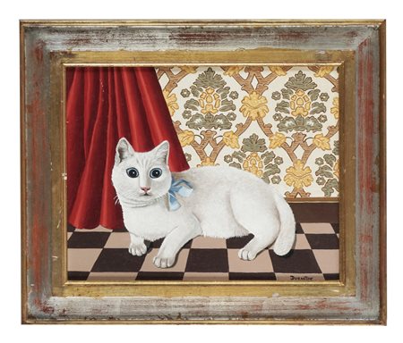 André Duranton, Il gatto bianco. Olio su tela. cm 33x41. Firmato in basso a...