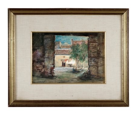 Mariano Fortuny y Madrazo, Scorcio di paese. Acquerello, pastello grasso,...