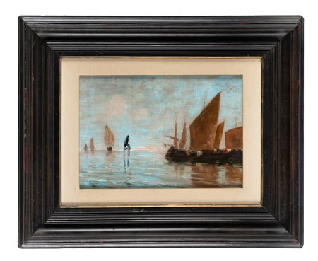 Pietro Fragiacomo, Barche. 1899. Olio su tavola spessa. cm 23x32,5. Firmato e...