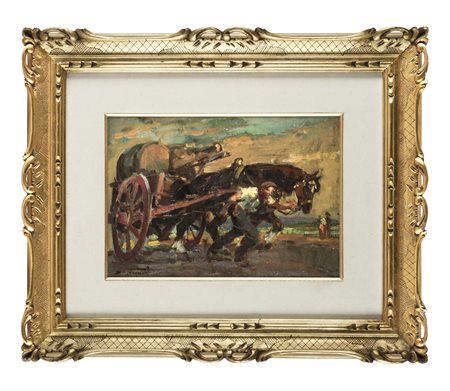 Ovidio Gragnoli, Carro con cavalli. Olio su cartone. cm 23x33 (visibile)....