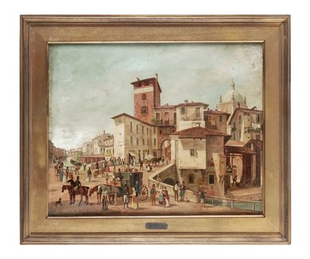 Angelo Inganni, Il ponte di Porta Ticinese a Milano. 1859. Olio su tavola. cm...