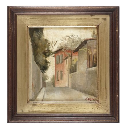 Achille Lega, Via delle Forbici. 1926. Olio su tavoletta. cm 20x18. Firmato...