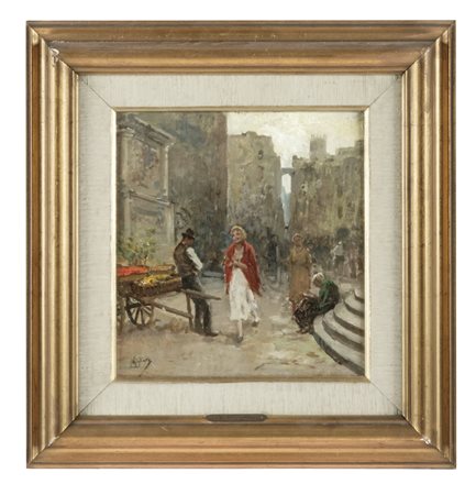 Vincenzo Migliaro, Scorcio di città. Olio su tavola. cm 32x31. Firmato in...