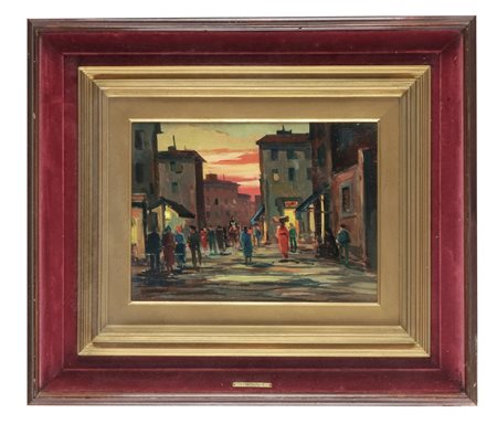 Renato Natali [attribuito a], Scorcio cittadino con tramonto. 1966. Olio su...