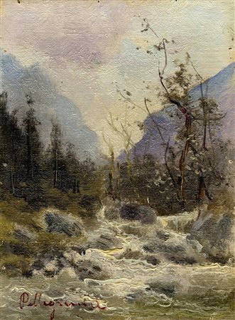 Antonio Pellegrini, Cascata in piedi. Olio su cartone. cm 240x175. Firmato in...