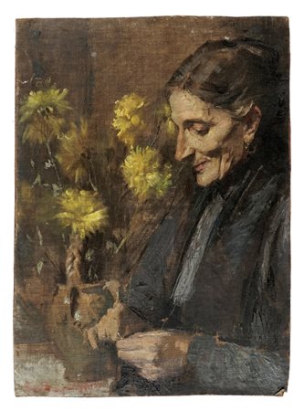 Edgardo Saporetti, Signora che cuce. 1900 circa. Olio su tela incollata su...