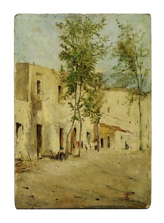 Telemaco Signorini, Scorcio di paese. Olio su tavoletta. cm 23,6x16,7....