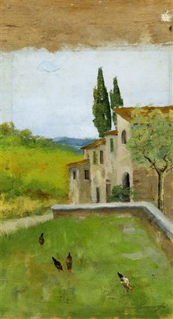 Gino Tommasi, Cortile. Olio su tavoletta. cm 31,5x18. Firmato a matita in...