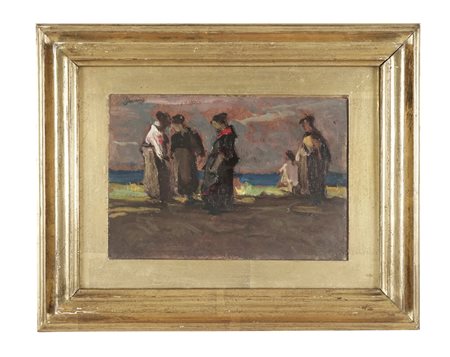 Ludovico Tommasi, Figure sulla spiaggia. Olio su cartone. cm 15x22. Firmato a...