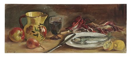 Renzo Tubaro, Natura morta con radicchio e pesce. 1941. Olio su tavola. cm...