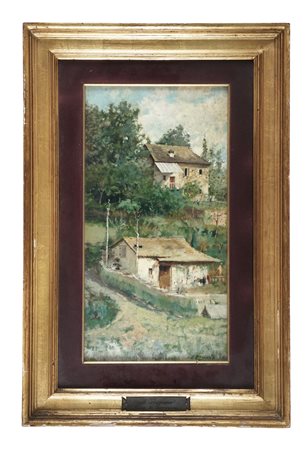 Fausto Zonaro, Case di campagna. Olio su tavola. cm 40x20. Firmato in basso a...