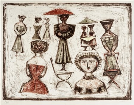 Massimo Campigli, Passeggiata romana. 1955. Litografia a colori. mm 430x575....