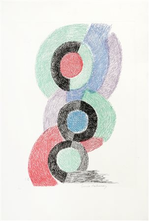 Sonia Delaunay, Sans titre. 1966. Acquaforte a colori su carta con filigrana...