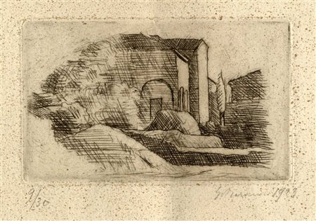 Giorgio Morandi, La casetta con il portico e il cipresso (lastra piccola)....