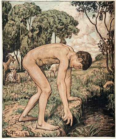 Hans Thoma, Lotto composto di 2 incisioni. 1892-97. 1) Narcissus. 1892....