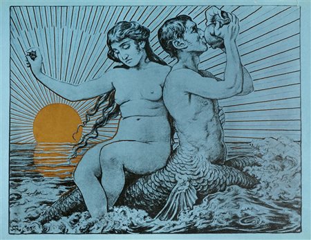 Hans Thoma, Triton und Nereide (Tritone e Nereide). 1895. Litografia. mm...