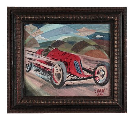 Dario Di Gese, Automobile rossa in corsa. 1936. Olio su tela. cm 23x27....