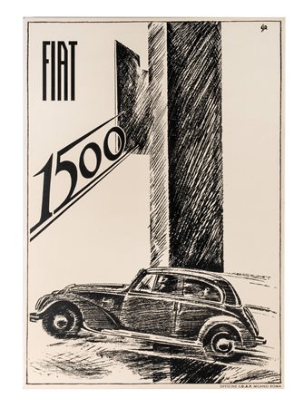 Mario Sironi, Fiat 1500. Poster applicato a tela. mm 1000x700. Firmato in...