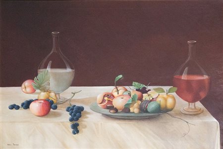 Michele Sasso, Natura morta con piatto di frutta e due bottiglie, 1992