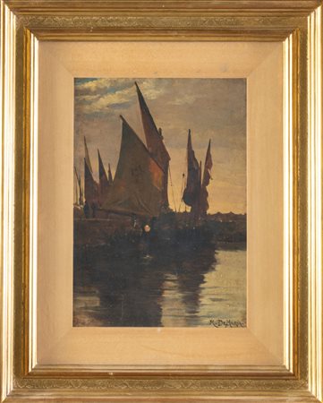 Mario De Maria (Bologna 1852 - 1924). Barche in controluce a Chioggia.