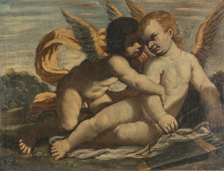 Ambito emiliano, XVII secolo. Due putti con arco e frecce.