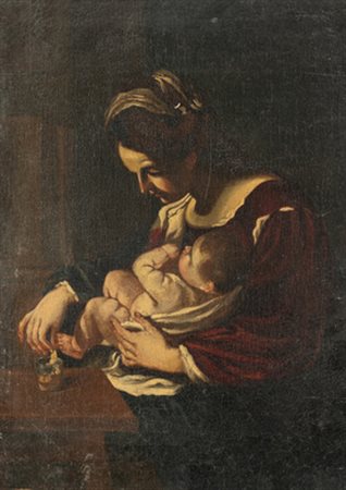 Scuola di Giovanni Francesco Barbieri, detto il Guercino (Cento 1591 - Bologna 1666). Madonna della pappa. 