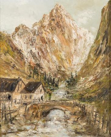 Georges Berger (Francia 1908 - 1976). Paesaggio alpino con ruscello e ponte.