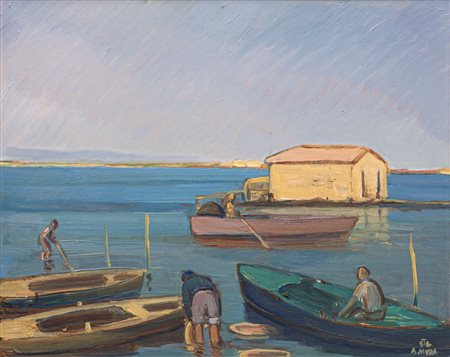 Antonio Mura (1902 - 1972) Marina con pescatori, anni ‘30;Olio su compensato,...