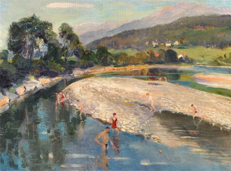 Thomas Riss (Haslach, Stams 1871 - Innsbruck 1959) Bagnanti al fiume, Merano,...