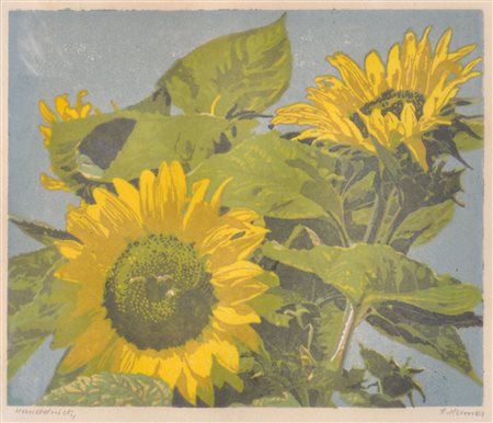 Franz Helmer (Lienz 1909 - Innsbruck 1990) Girasoli;Linoleografia a colori,...