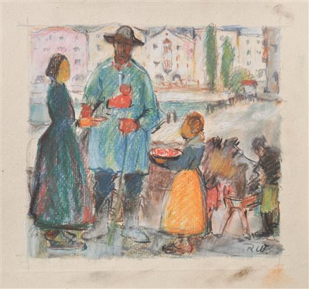 Raimund Wörle (Innsbruck 1896 - 1979) Scena di mercato a Innsbruck, 1950...