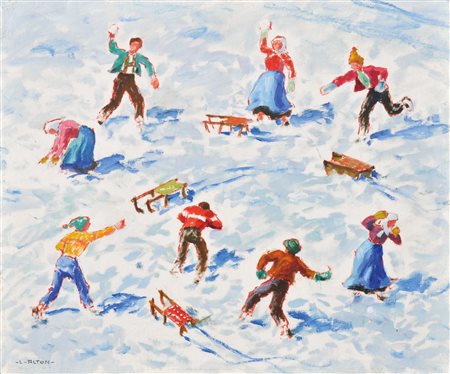 Lois Alton (Krumau 1894 - Innsbruck 1972) Lotta a palle di neve;Olio su...