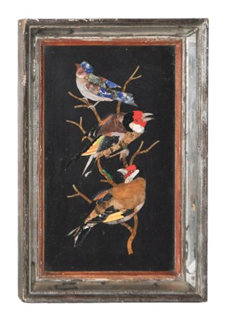 Anonym/anonimo Opera in pietra dura "Tre uccelli tra i rami";23 x 14,2 cm,...