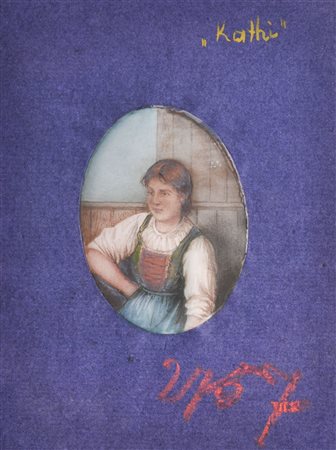 Anonym/Anonimo Pittura su tela di ragno tirolese Kathi,1900 ca.;7 x 5 cm La...