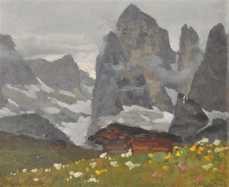 Luigi Vicentini (Pomarolo 1901 - Nomi 1970) Passo Pordoi;Olio su cartone,...