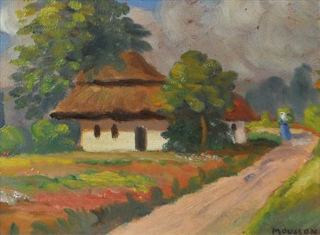 Theodor Josef Mousson Paesaggio estivo con casa;Olio su cartone, 16,5 x 22,5...