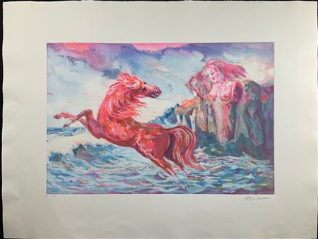 Aligi Sassu "Il cavallo delle Esperidi" 1986
acquatinta a colori - prova d'artis