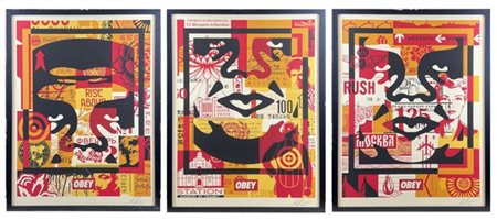 Obey (Shepard Fairey) "3 - face collage" 2022
trittico - litografie offset
cm 60